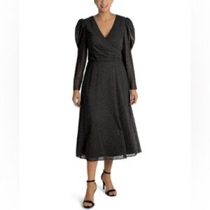 JULIA JORDAN Metallic Clip Dot Long Sleeve Midi Wrap Style Dress In Black Gold